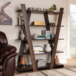 Walnut Brown Finished 5-Tier Wood Geometric Living Room Display Shelf (New)