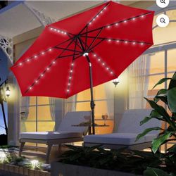10ft Patio Umbrella Outdoor Solar Powered with 40 LED Lights,One Center Light and 8 Sturdy Ribs Without Base(Red)