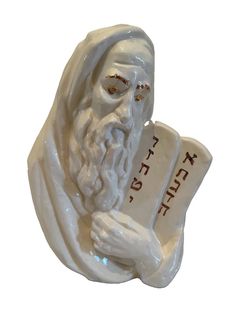 Vintage Ceramic Moses Ten Commandments Statue Signed EF 14” White Gold Judaica