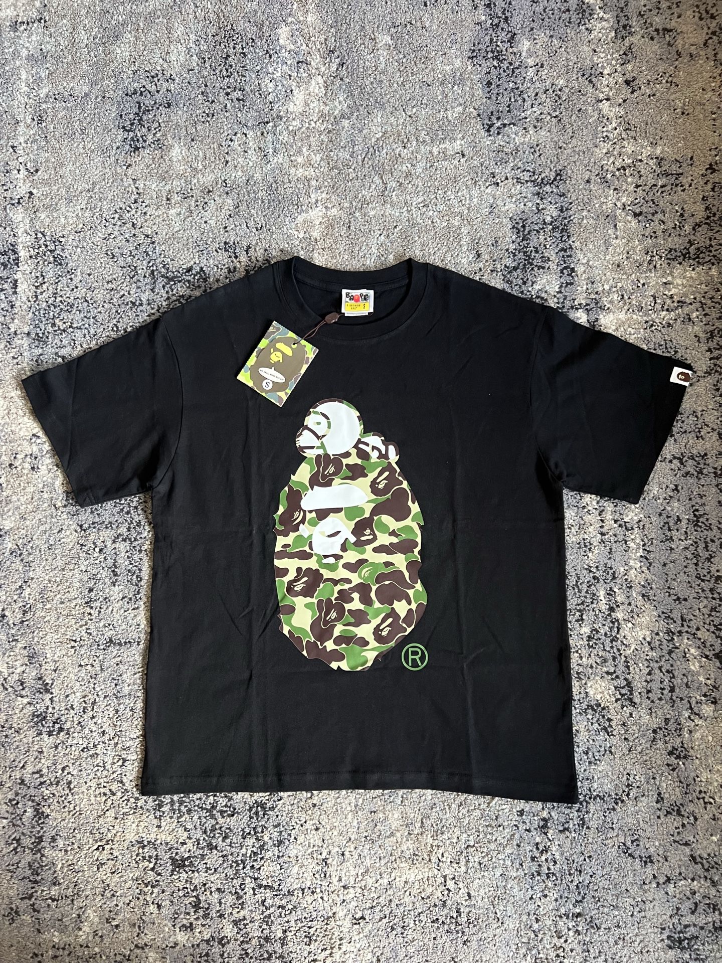 BAPE ape tee black and green camo.
