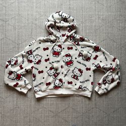Sanrio Hello Kitty Women’s Red/White Pullover Crop Fleece Hoodie LARGE