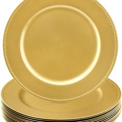 Okllen 12 Pack Plastic Gold Charger Plates, 13" Round Beaded Charger Plates for Wedding, Catering Event, Tabletop Decor