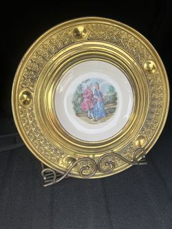 Vintage Alfred Meakin Courting Couple Porcelain/Brass Decorative plate with Stand