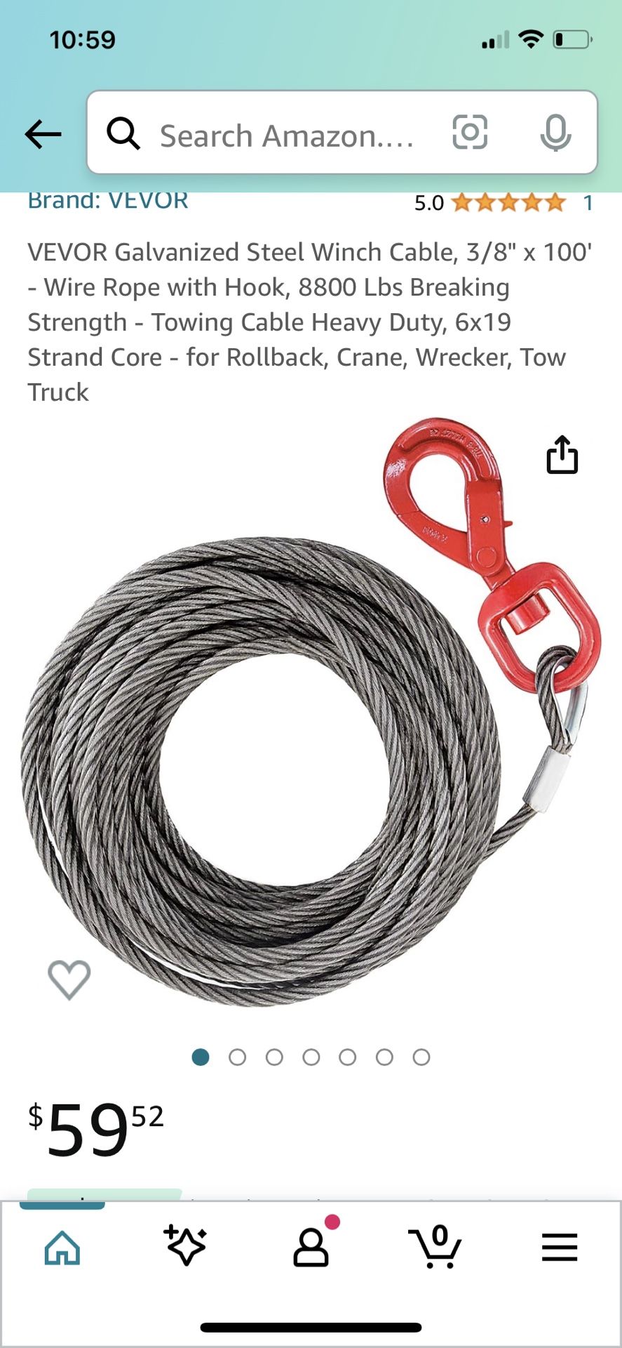 Winch Towing Cable 100 ft. x 3/8 in. Wire Rope with Hook Galvanized Steel 8800 lbs. Loading 6x19 Strand Core