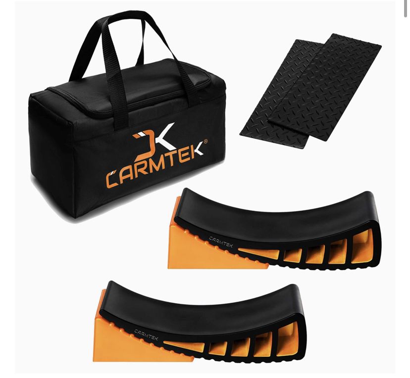 CARMTEK Camper Leveler Premium Kit - Curved RV Levelers with Camper Wheel Chocks, Rubber Mats and Carry Bag | Faster Camper Leveling Than RV Leveling 
