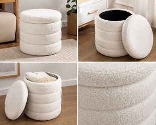 White Bouclé Storage Ottoman with Removable Lid