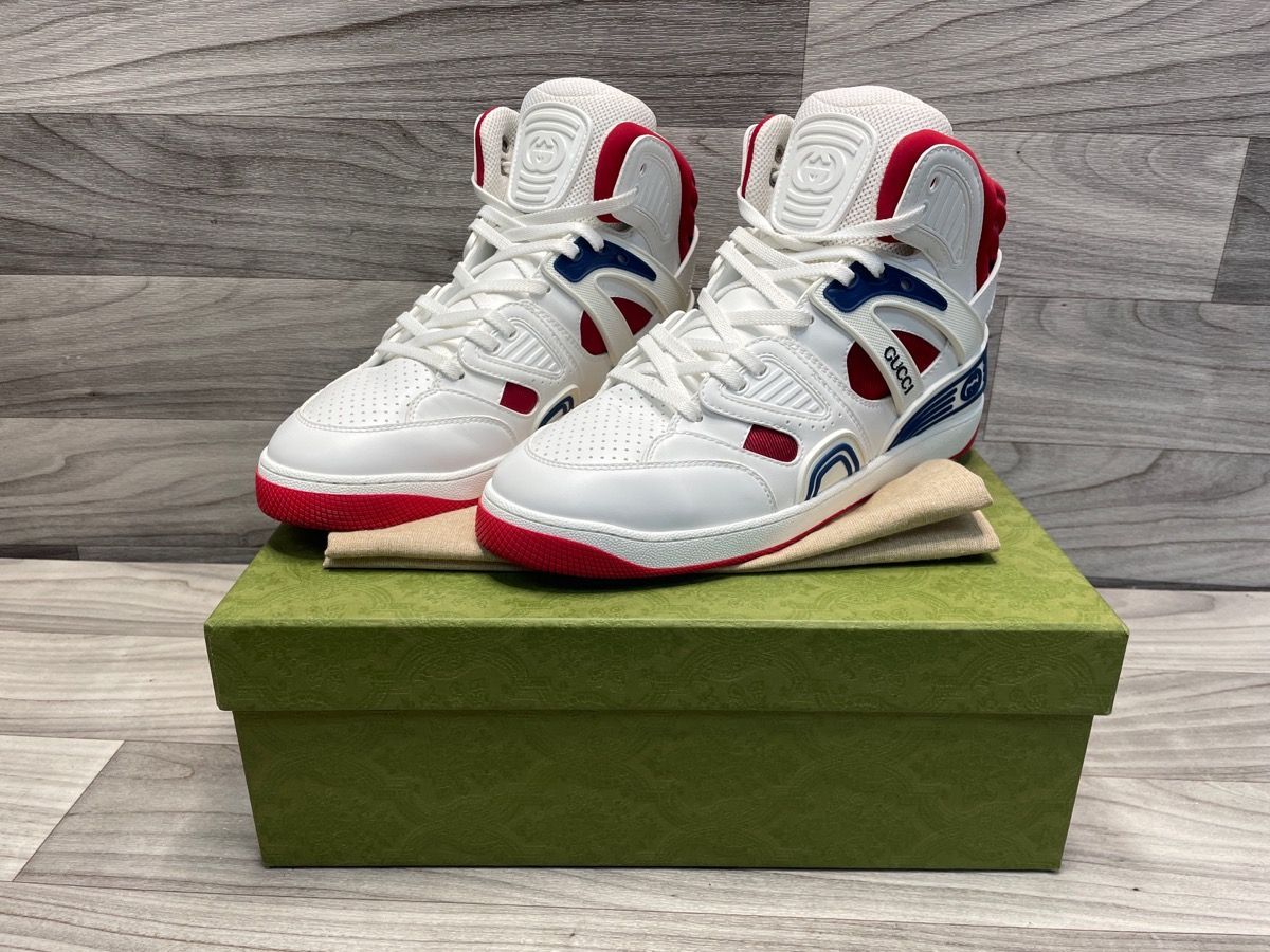 A1 Hawk - Gucci Basket High White/Red Leather Fashion Shoes – Size 9 – Mint Condition (A1D015303)