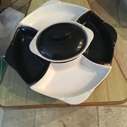 Vintage mcm Black and White Ceramic lazy Susan serving tray