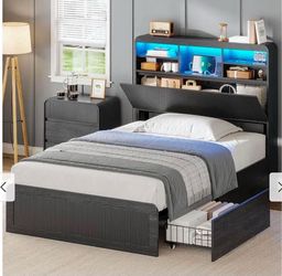 FULL SIZE Bed Frame LED LIGHT with 4 Storage Drawers and Hidden Storage Headboard Charging Station I-3 black