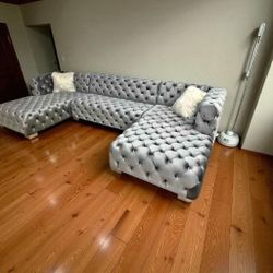 Tufted Sectional Sofa Grey Velvet New 140x70