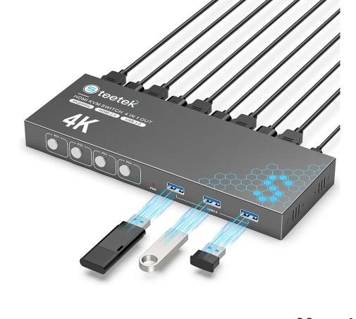 USB 3.0 HDMI KVM Switch 1 Monitors 4 Computers, 4K@60Hz KVM Switches for 4 Computers Sharing Monitor Keyboard Mouse Hard Drives Printer, with EDID Ada