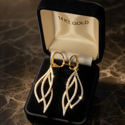 Diamond 14kt Yellow Gold 3D Double Leaf Criss Cross Love Knot Earrings