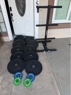 Rogue hi temp Olympic rubber weights 275lbs total with Change plates and rogue weight tree