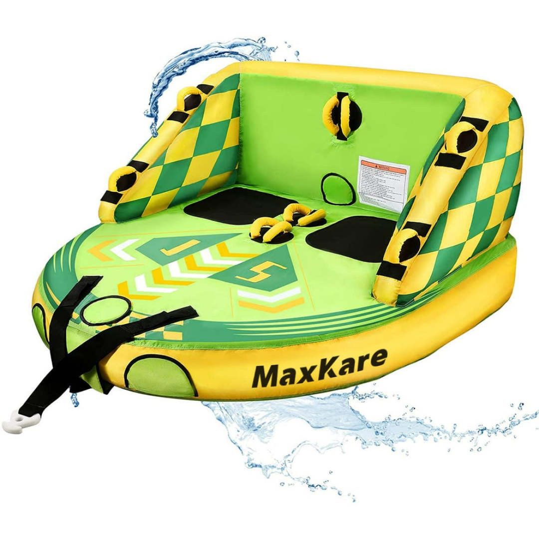 2 Person Inflatable Towable Tube for Boating, Front & Back Tow Points with Foam Seats, Multiple Handles Unique backrest】 The Inflatable To