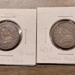 1834 & 1835 Classic Head Half Cents – 2 Coin Lot