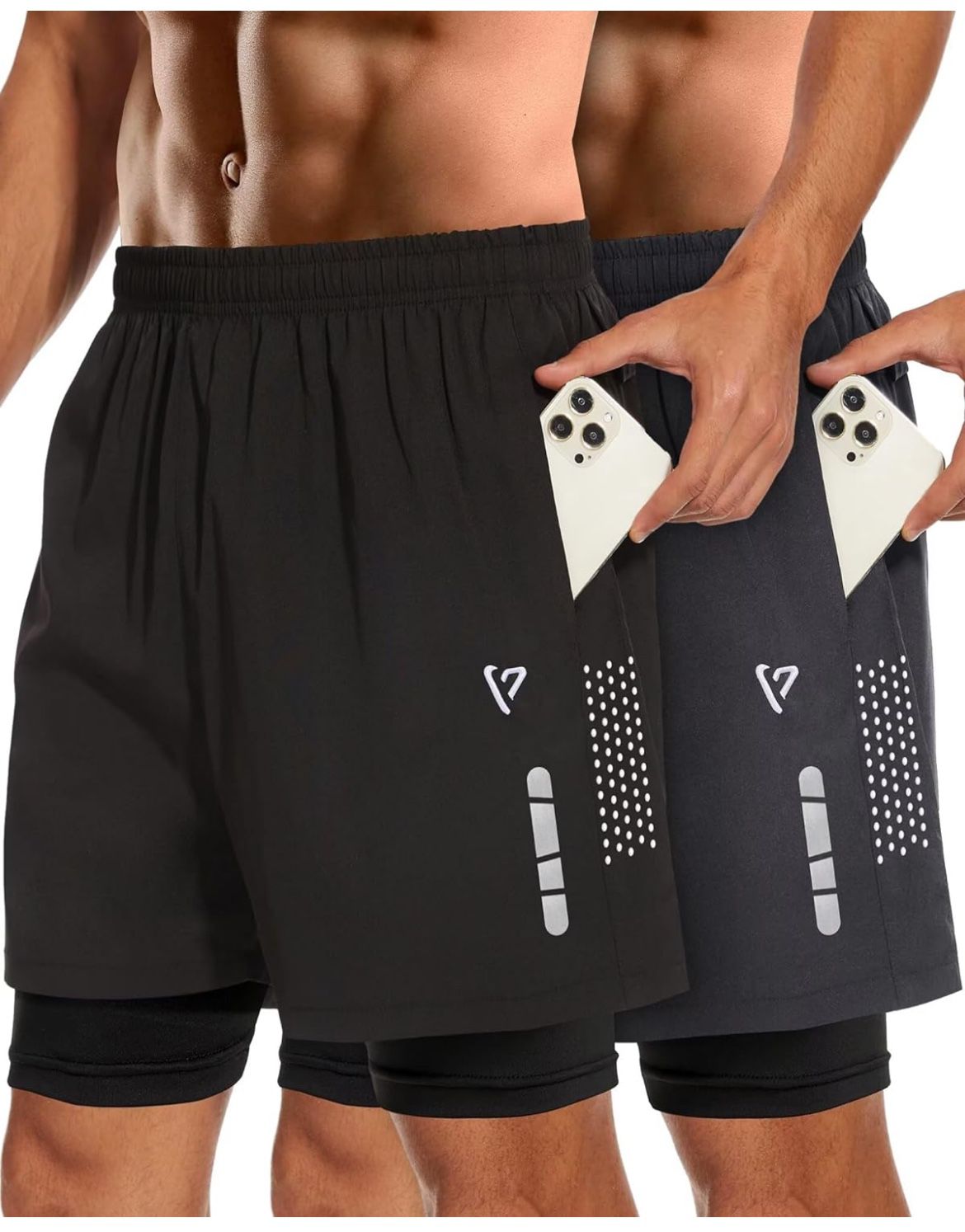 Brand New 2Pack  Men's 2in1 Running Shorts 5''Quick Dry Breathable Mesh Gym Shorts with Zip Pockets&Towel