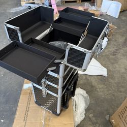 Rolling Makeup Train Case, 4-in-1 Cosmetology Case on Wheels, Nail Tech Cart for Travel, Professional Cosmetic Vanity Case, Suitcase for MUA/Manicure/