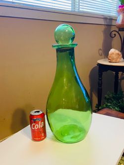 Beautiful Large 19”x 8” Green Glass Decanter. Spain