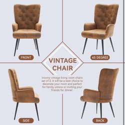 Set of 2 Wingback Chair, Accent Chair with Pillow and Arm, Vintage Comfy Upholstered Reading Chair for Living Room, Bedroom, Dining Room(Vintage Brown
