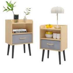 New Set of 2 Mid Century Modern Small Nightstands Oak Color with Grey Fabric Drawers