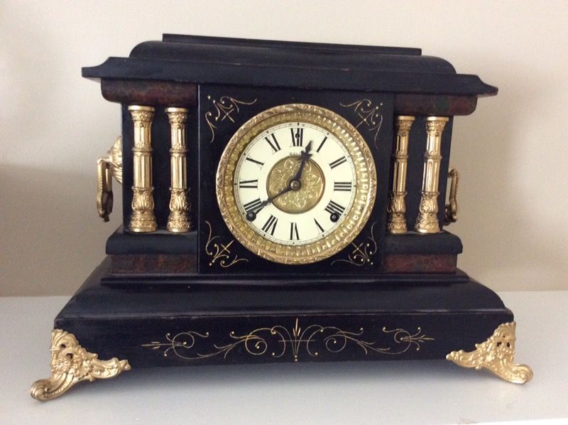 Antique Welch Espresso w/Brass Mantel Clock w/Original Key