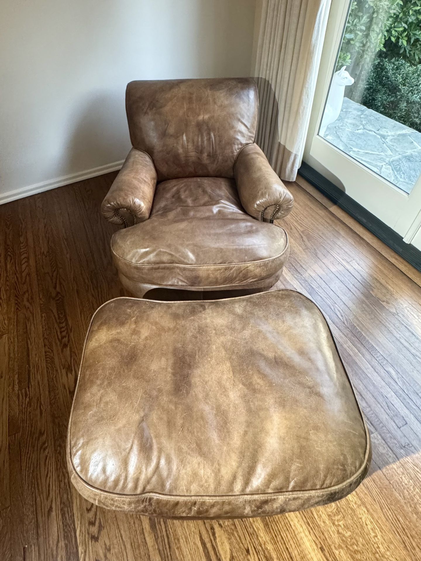 Restoration Hardware Brown Leather Chair With Ottoman