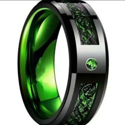 Ring w Black Dragon Pattern & Green Carbon Fiber Inlay Stainless Steel Sizes  7, 8, 10, & 11