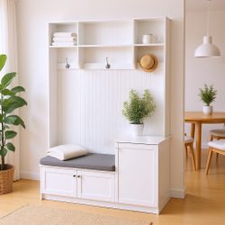 Clifford 78.7" Modern White Hall Tree Bench with Cushion Drawers and Coat Hooks