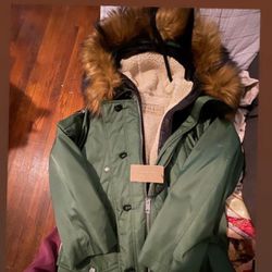 New 2&1 Burberry women Hooded Parka Quilted Puffer Jacket Coat & Windbreaker Green US XS