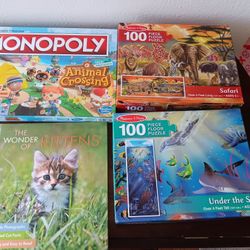 Lot Of Kids Toys 2 Puzzles, Monopoly Game, Kitten Book 