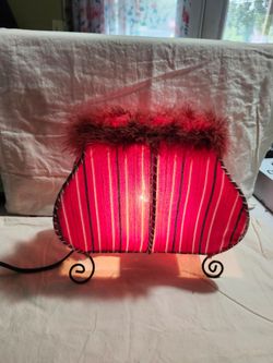 Red Fabric Accent Lamp with Feather Trim