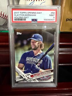 2017 TOPPS OPENING DAY CLAYTON KERSHAW HOLDING BAT PSA 9 SP
