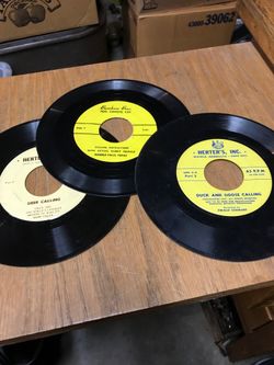 45 RPM Hunting Records, Duck & Goose calling, calling Instructions with Actual Rabbit Squeals,and Deer Calling.