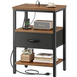 NEW Superjare Nightstand with Charging Station - Rustic Brown