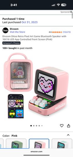 Divoom Ditoo Retro Pixel Art Game Bluetooth Speaker with 16X16 LED App Controlled Front Screen (Pink)