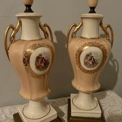 Pair of Beautiful Antique Hand Painted and Gilded Ceramic Urns w/Brass Bases-15”