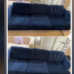 Blue Velour West Elm Couch With Wooden Legs