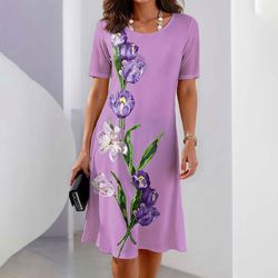 Elegant Purple Floral Print Crew Neck Short Sleeves Plus Size Summer Women's Midi Dress