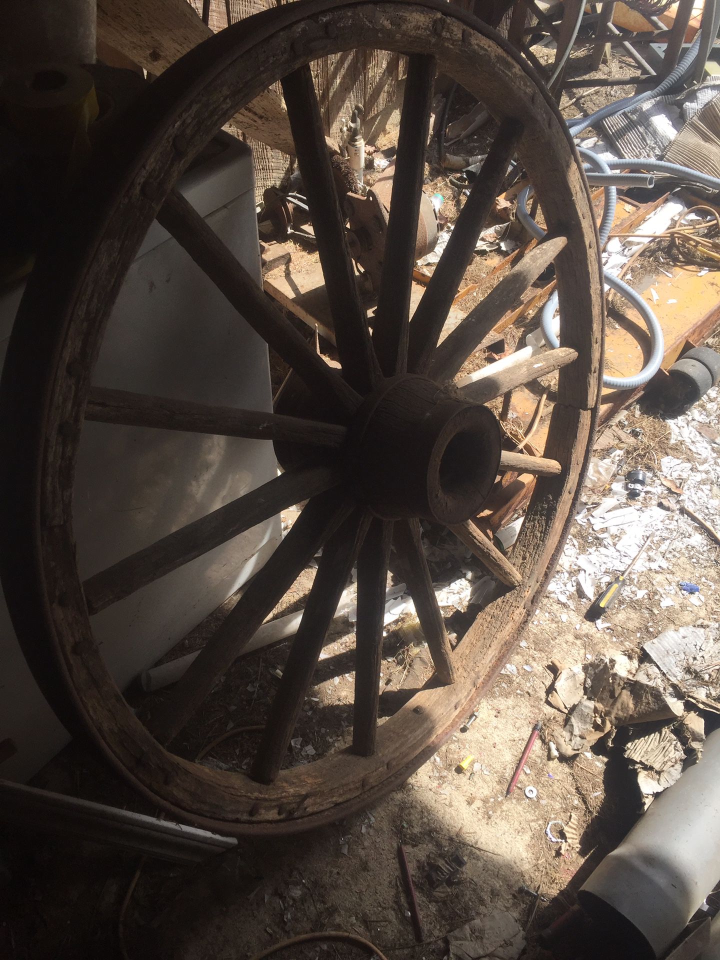 Early 1900 antique steel rim wagon wheel.