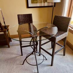 Glass Top Bar Height Bistro Set with 2 Woven Chairs