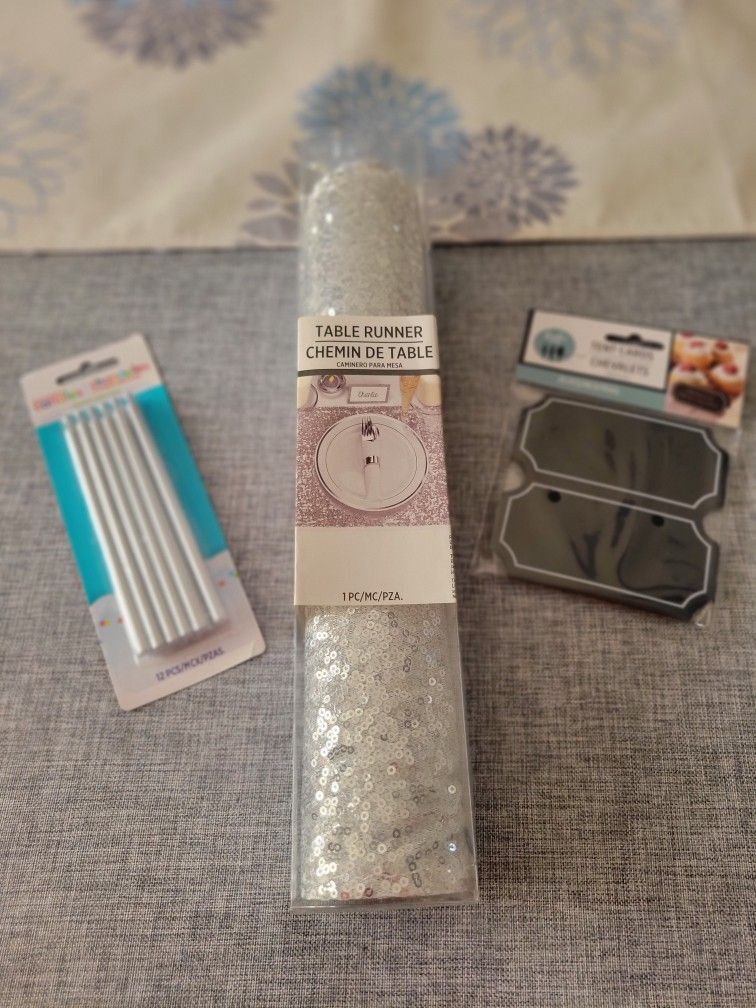 3 Items ALL NEW: Silver Sequence Table Runner, 12 Silver Skinny Candles & Tent Cards