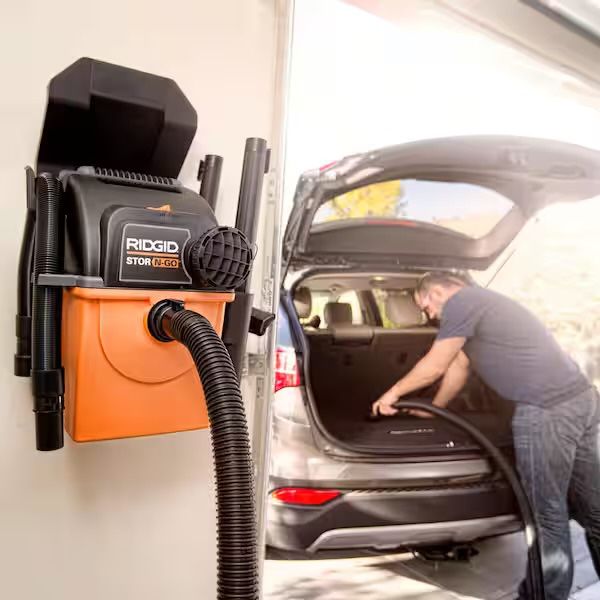 Rigid 5 Gal. 5.0 Peak HP Portable Wall Mount Shop Vacuum Wet Dry Vac with Filter, Two Locking Hoses and Attachments