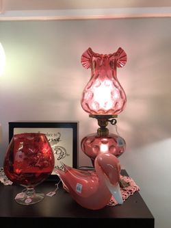 Large pink glass duck.