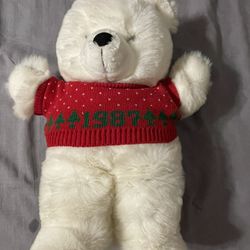 BIG VINTAGE 1987 WHITE TEDDY BEAR HOLIDAY CHRISTMAS SWEATER PLUSH ANIMAL