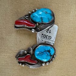 Vintage Navajo Earrings Turquoise & Coral sterling signed by Justin Morris