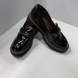 Black Leather Loafer With Gold Buckle Detail