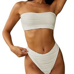 ZAFUL Women Strapless Textured Bandeau Bikini 2 Piece Swimwear Cheeky Solid Lace up Bathing Suits(1-White-CH,S)