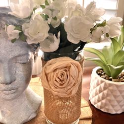 Vase With Burlap And Cream Fabric Flower 