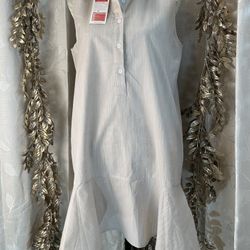 Sleeveless Beige Cotton Linen Ruffle Hem Shirt Dress M NWT Pockets Chic