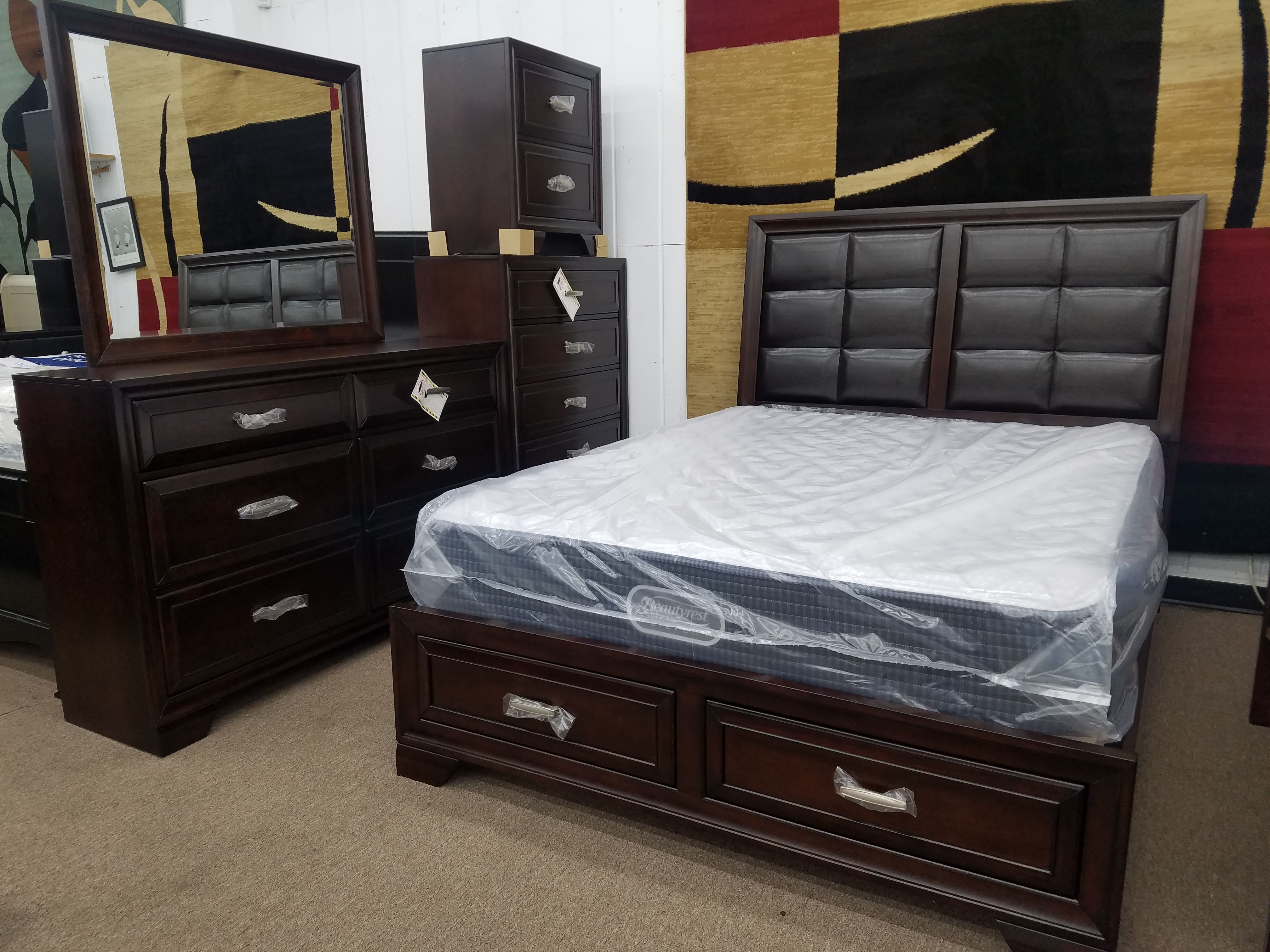 Brand new dark espresso color queen size storage bedroom set complete with padded headboard